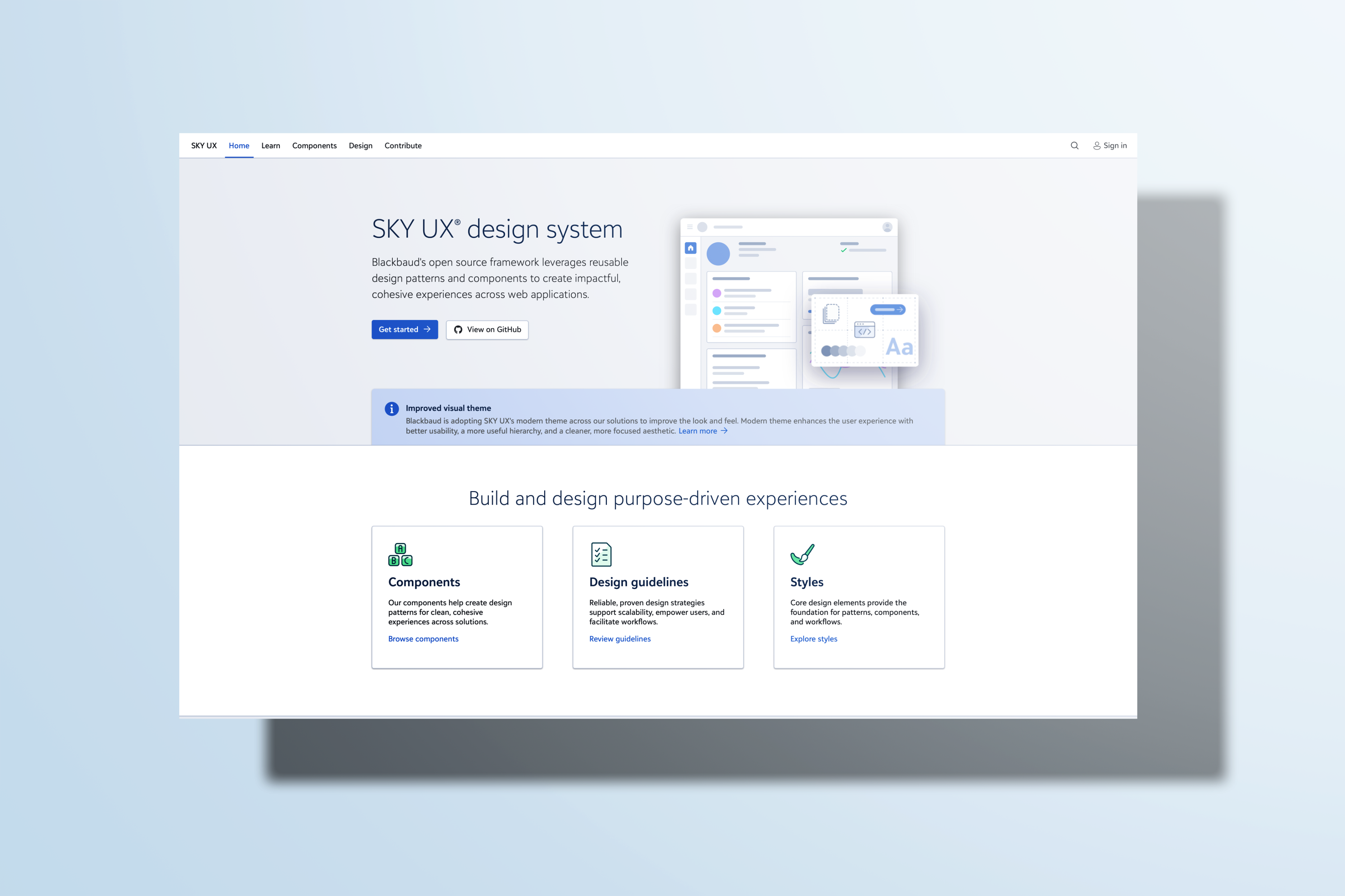 SKY UX Design System logo on a blue gradient background.